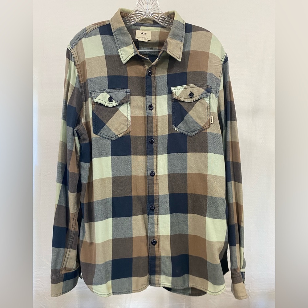 Vans Men's Casual Plaid Shirt - Blue, Brown, and Cream